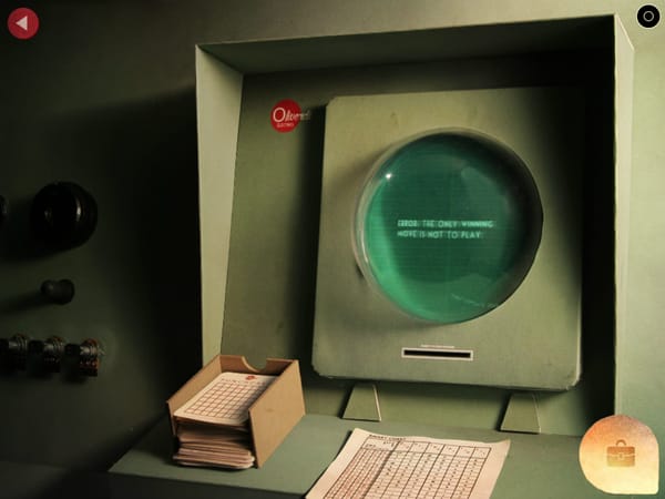 A screenshot from the game Lumino City showing an old computer screen with "Error: The only wining move is not to play."